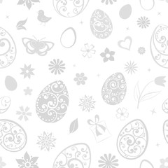 Seamless pattern of eggs, flowers, gift box, chicken and other Easter symbols, gray on white