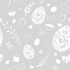 Seamless pattern of eggs, flowers, cake, gift box and other Easter symbols, white on gray