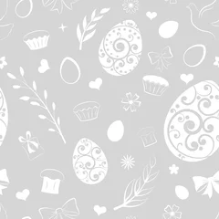 Foto auf Glas Seamless pattern of eggs, flowers, cake, gift box and other Easter symbols, white on gray © Olga Moonlight