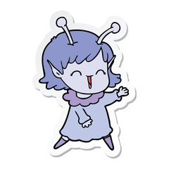 sticker of a cartoon alien girl laughing
