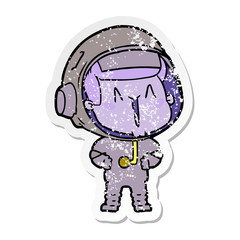 distressed sticker of a happy cartoon astronaut