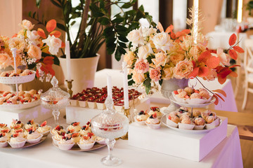 Candy bar with tasty desserts and appetizers at wedding reception. Decorated with flower compositions and candles. Sweet food, dessert, buffet, catering table, restaurant.