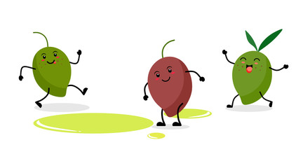 Funny olives in kawaii style with oil drops. Vector characters on white background