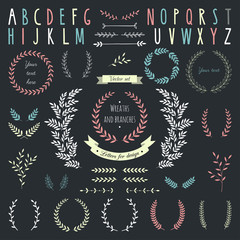 Wreaths and branches set. Laurels, borders and hand drawn alphabet. Vector.