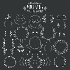 Collection of hand drawn laurels, wreaths and branches.	