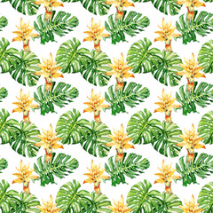 Fototapeta na wymiar Watercolor hand drawn rainforest and banana leaves and flowers illustration seamless pattern on white background
