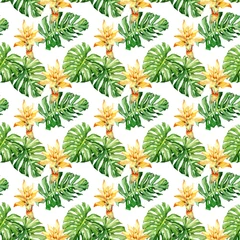 Schilderijen op glas Watercolor hand drawn rainforest and banana leaves and flowers illustration seamless pattern on white background © Salnikova Watercolor