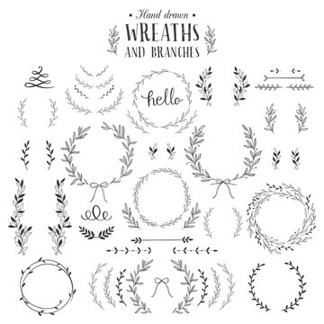 Collection of hand drawn laurels, wreaths and branches. 