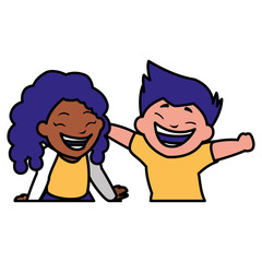 happy kids couple celebrating interracial characters