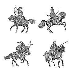 Medieval mounted knights. Heavy armored magyar (hungarian) riders.