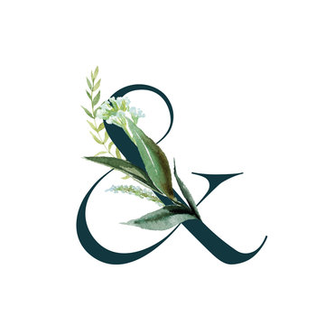 Green Floral Alphabet - Ampersand & With Botanic Branch Bouquet Composition. Unique Collection For Wedding Invites Decoration & Other Concept Ideas.