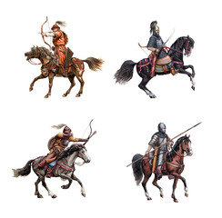 Medieval mounted knights. Heavy armored magyar (hungarian) riders. Knight illustration. © Lunstream