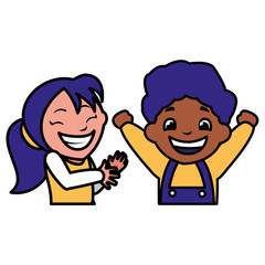 happy kids couple celebrating interracial characters