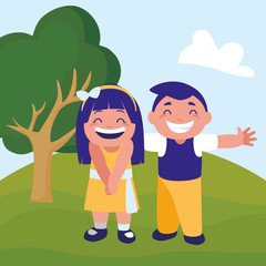 happy fat kids couple celebrating in the camp