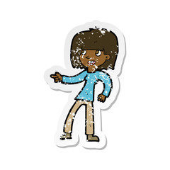 retro distressed sticker of a cartoon girl pointing