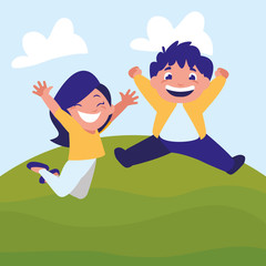 happy fat kids couple celebrating in the camp