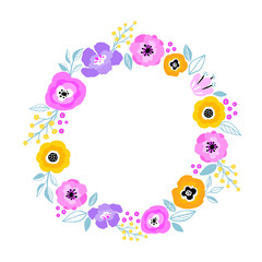 Vector flower frame. Beautiful wreath. Elegant leaves and flowers, hand drawn digital design. Design for invitation, wedding or greeting cards.