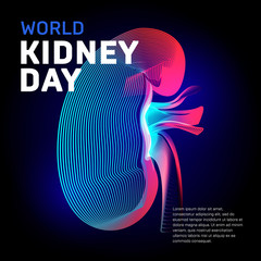 World kidney day health vector bean human organ silhouette contour in abstract 3d geometry lines texture and outline gradient waves vintage modern trendy graphic design illustration on dark background