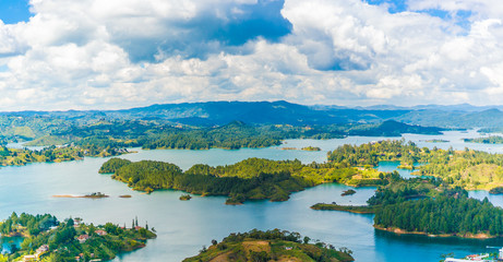 Amazing view of the Lake of Guatape from Rock of Guatape (Piedra Del Penol) in Medellin, Colombia