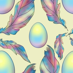 Fototapeta na wymiar Seamless pattern Easter with eggs and feathers on a beige background. Texture for textiles, print for fabric or wallpaper.