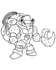Ilustração estilo cartoon 2d, Apenas o traço, de Caranguejo-ermitão mecânico. Arte png de Siri mecânico, vestindo uma jardineira. Arte de livro infantil pra colorir