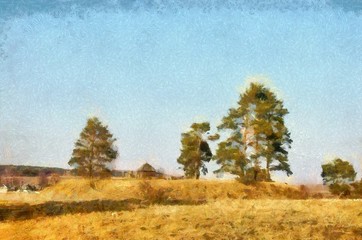 Village outdoor landscape. Nature motif. Large size watercolor and oil painting pictorial art. Modern drawing fine artwork. Creative artistic print for canvas or textile. Wallpaper, poster or postcard
