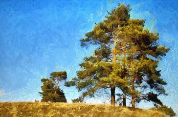 Village outdoor landscape. Nature motif. Large size watercolor and oil painting pictorial art. Modern drawing fine artwork. Creative artistic print for canvas or textile. Wallpaper, poster or postcard