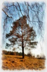 Country nature landscape. Village motifs. Big size oil painting pictorial art. Modern impressionism drawing artwork. Creative artistic print for canvas or textile. Wallpaper, poster or postcard design