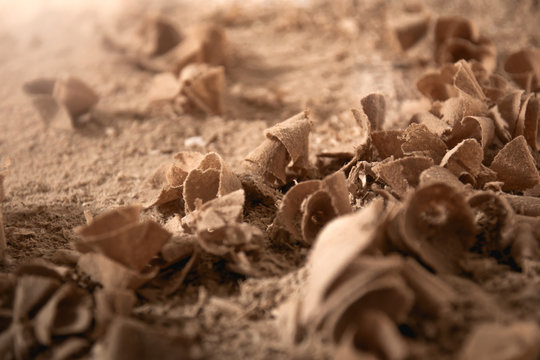 Wood Sawdust Closeup. Sawdust Floor Texture. Milling Machine