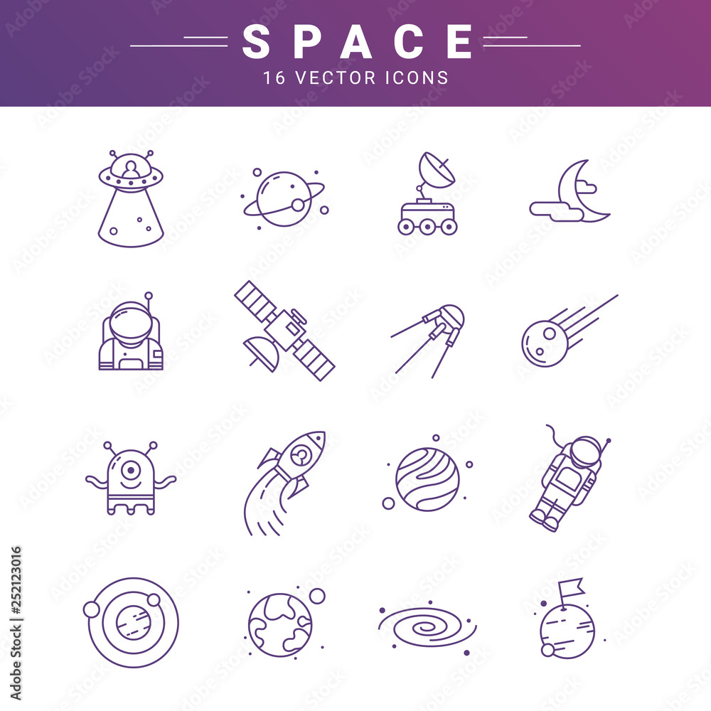 Poster vector line icon set for astronomy. linear web symbol for space.