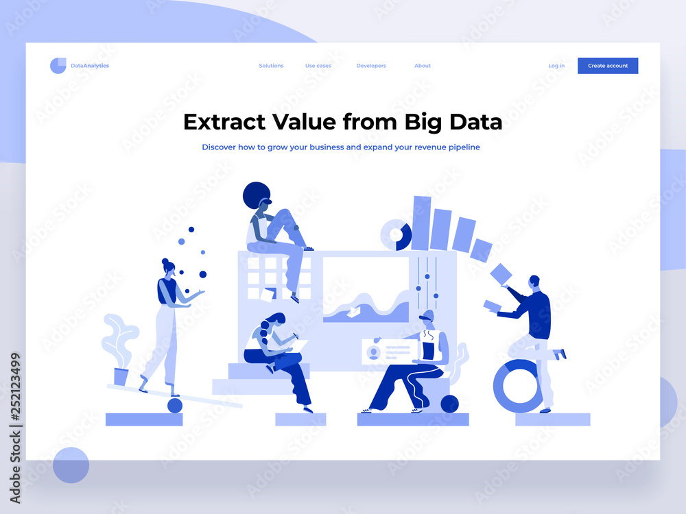 Poster people build a dashboard and interact with graphs. data analysis, and office situations. landing pag