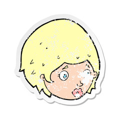 retro distressed sticker of a cartoon girl with concerned expression