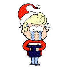 comic book style illustration of a crying man holding book wearing santa hat