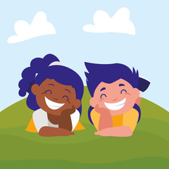 happy kids couple in the camp interracial characters