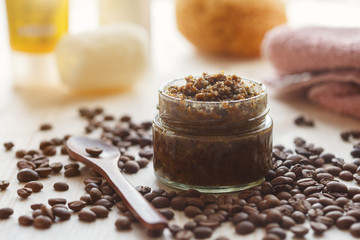 homemade scrub made of sugar, coffee, fruits and coconut oil, bath towel, sponges and and eco...