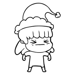 line drawing of a woman wearing santa hat