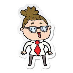 sticker of a cartoon happy woman wearing spectacles