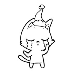 crying line drawing of a cat wearing santa hat
