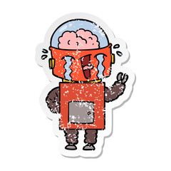 distressed sticker of a cartoon crying robot