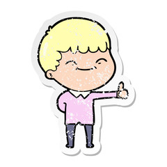 distressed sticker of a cartoon happy boy