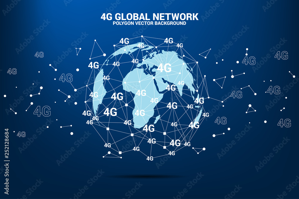 Poster Vector Polygon dot connect line with 4G around world map globe. Concept for mobile phone data sim card technology.