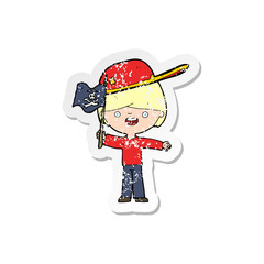 retro distressed sticker of a cartoon boy waving pirate flag
