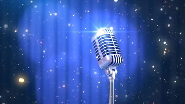 Stand Up Background with a Blue Curtain, Rotating Spotlights and Old Fashioned Microphone, Beautiful Seamless Looped 3d Animation. 4K
