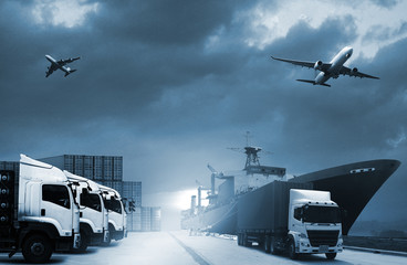 Abstract image of the world logistics, there are container truck, ship in port and airplane