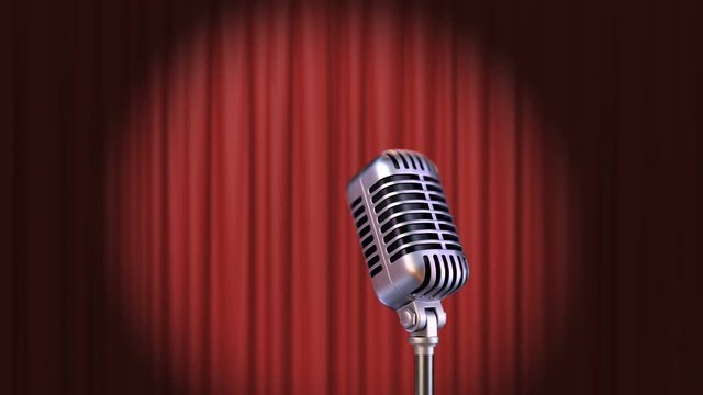 Red Curtain with Spotlight and Vintage Microphone, Seamless Looped 3d Animation. 4K
