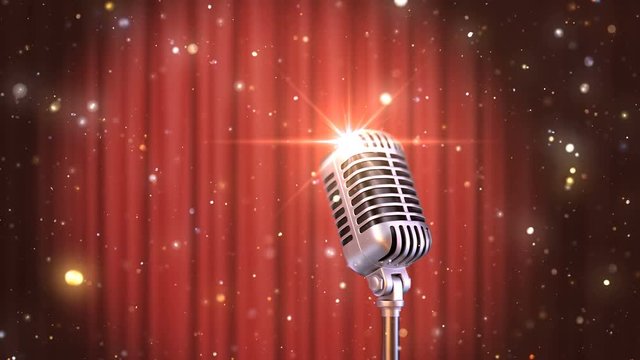 Stand Up Background Retro Microphone with the Red Curtains, Beautiful Seamless Looped 3d Animation. 4K.