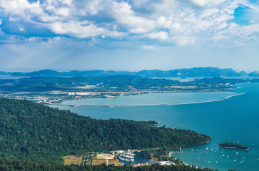 Panoramic view of blue sky, sea and mountain seen from Cable Car viewpoint, Langkawi Island, Malaysia.