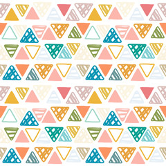 Seamless pattern of doodle triangles on white background. Ethnic seamless pattern. Tribal background. Infinity hand drawn geometric pattern. Vector illustration.