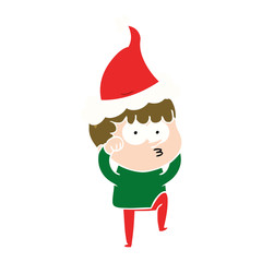 flat color illustration of a curious boy rubbing eyes in disbelief wearing santa hat