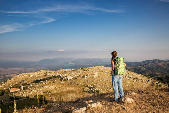 Greece, Peloponnese, Arcadia, Lykaion, woman enjoying the view from mountain Profitis Ilias